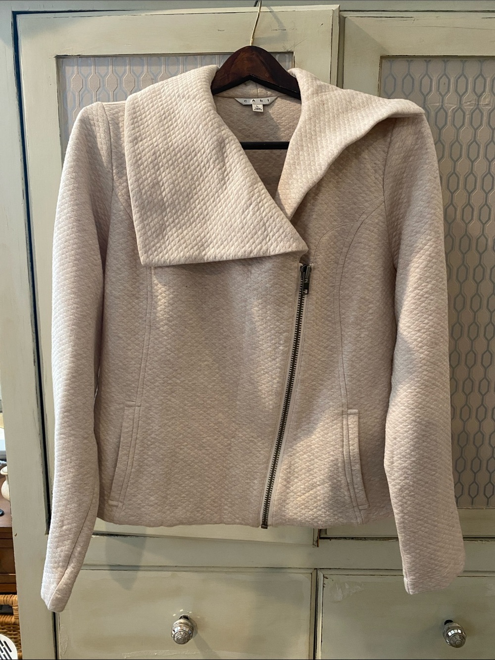 CAbi Cream Quilted Asymmetrical Zip Bomber Jacket with Fold-Over Collar